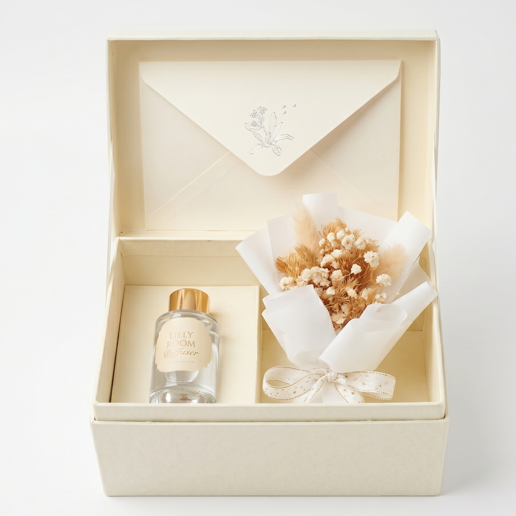Gift set with a bottle and bouquet in an open box on a white background