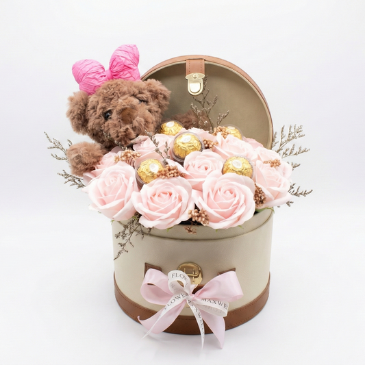 Bunnie - Rounded Box Soap Roses with Teddy Bear