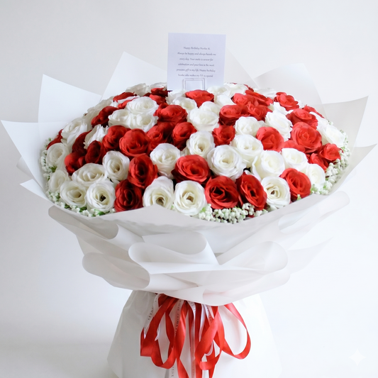 one hundred red white artificial flowers bouquet