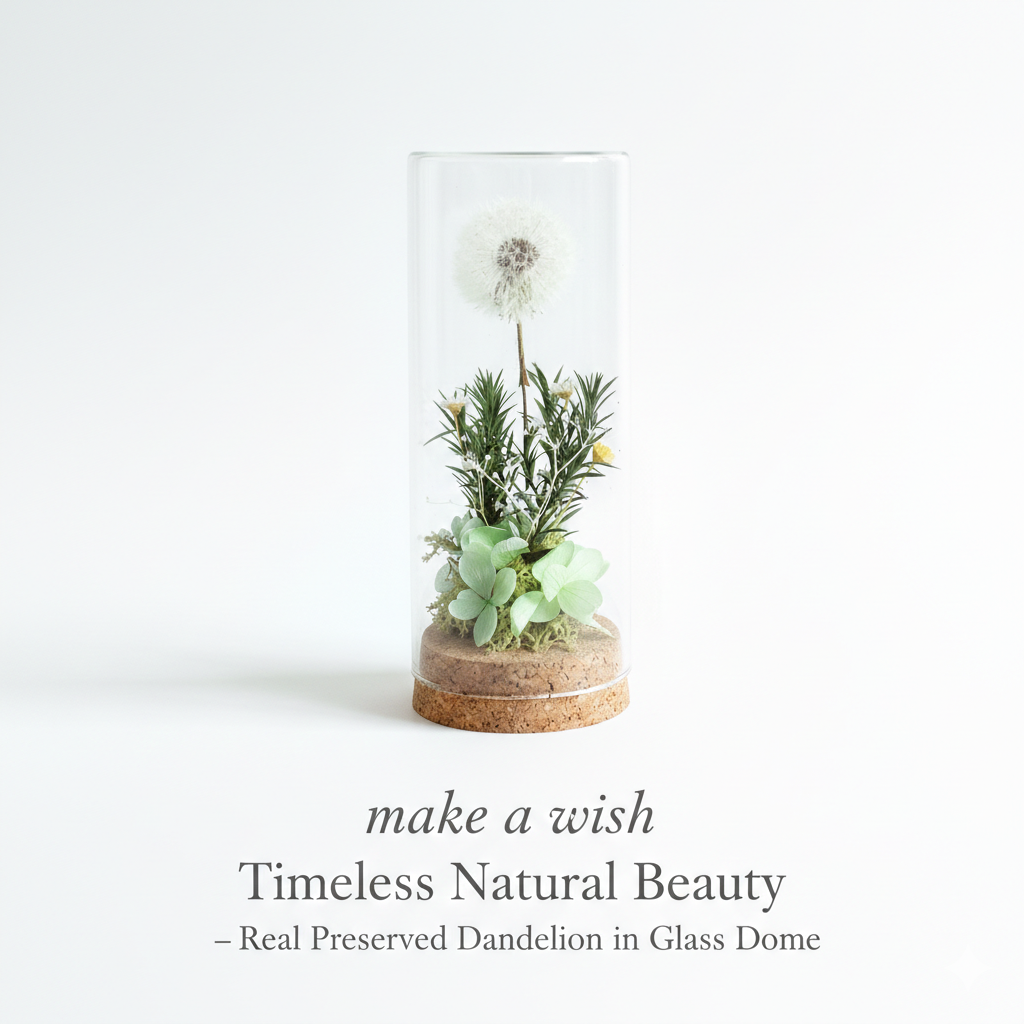 Real preserved dandelion in a glass dome on a white background with text 'make a wish Timeless Natural Beauty'.