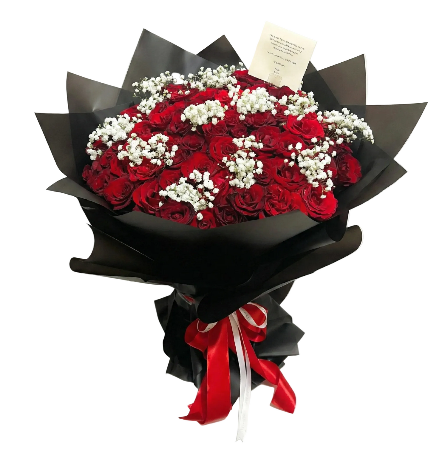 Bouquet of red roses with white flowers wrapped in black paper and ribbon on a white background
