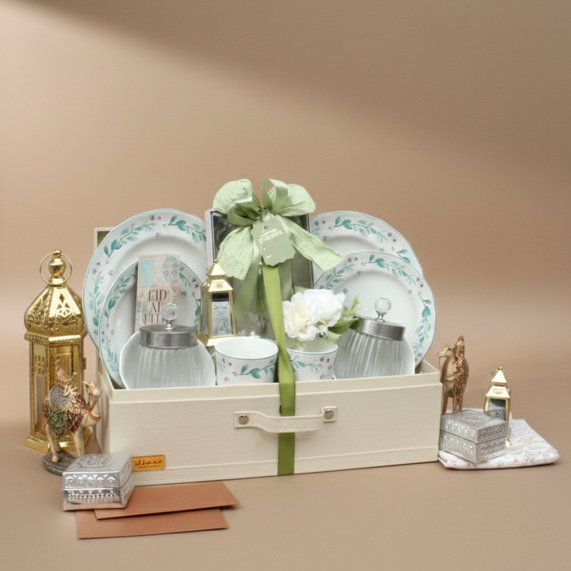 Dishware set with decorative items on a beige background