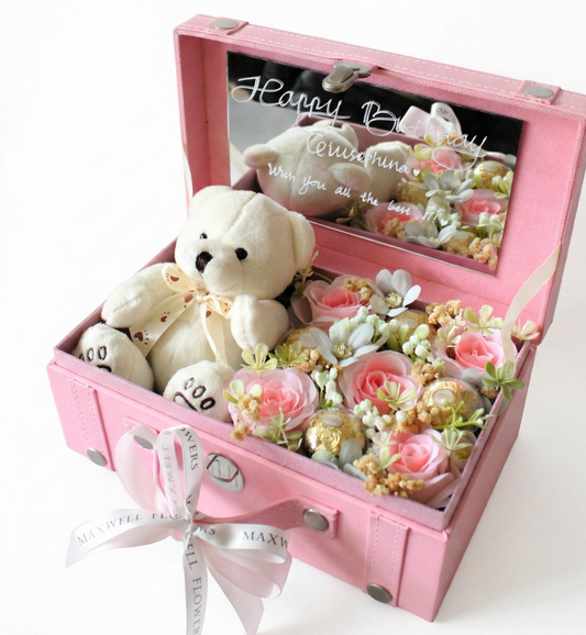 Pink gift box with a teddy bear and floral arrangement, featuring a 'Happy Birthday' message.