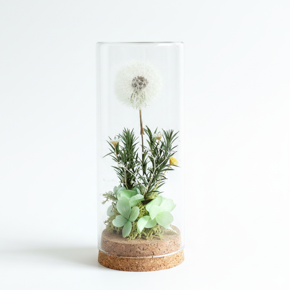 Dandelion Dome Cilinder - Timeless Natural Beauty – Real Preserved Dandelion in Glass Dome