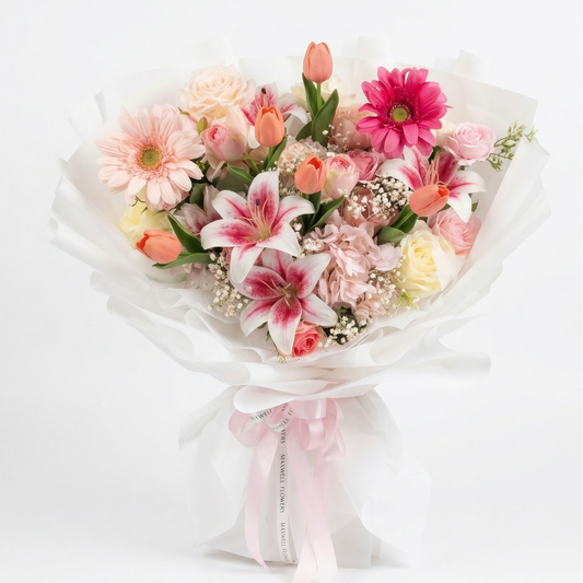 Bouquet of flowers with pink and white flowers on a white background