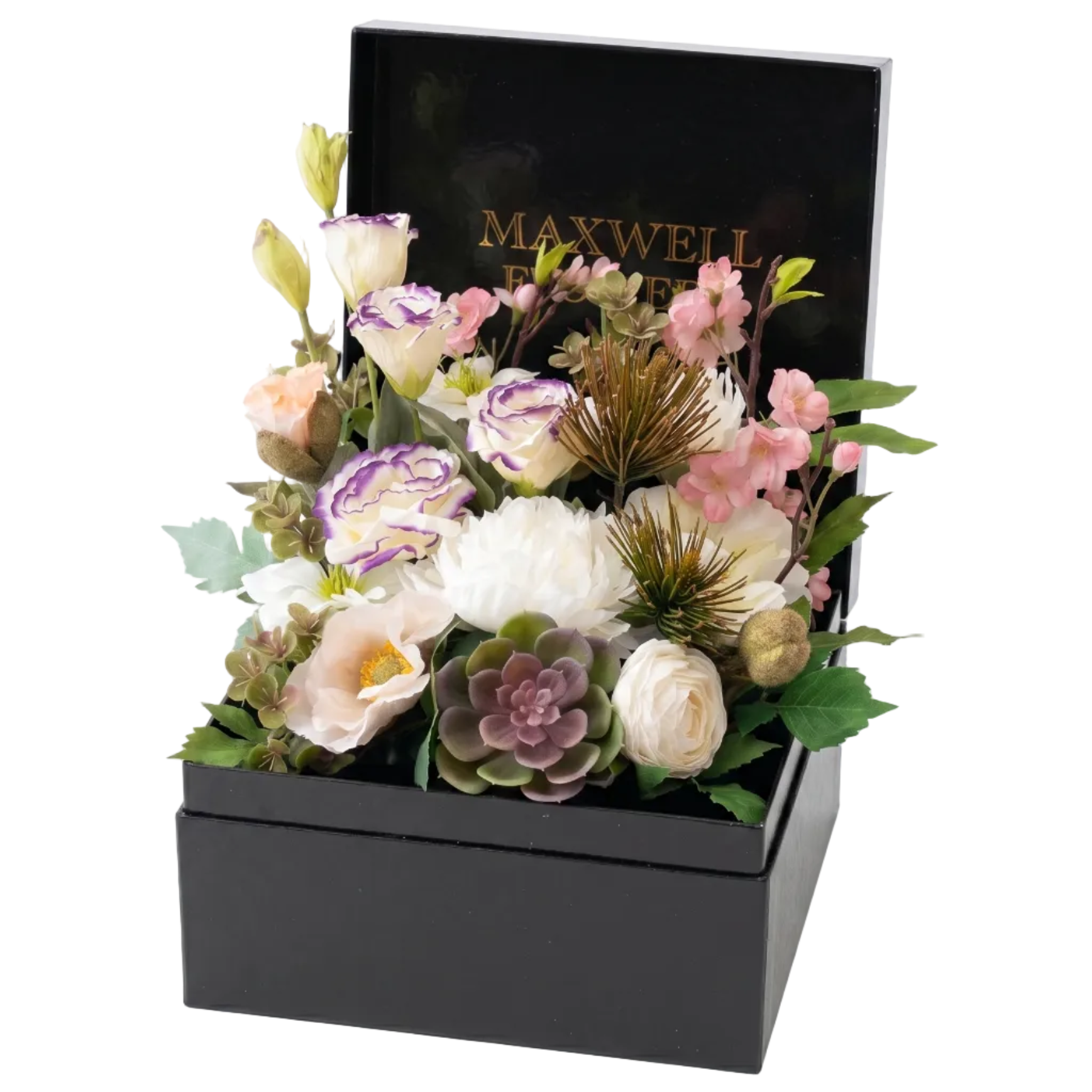 Floral arrangement in a black box with 'Maxwell & Williams' branding on a white background