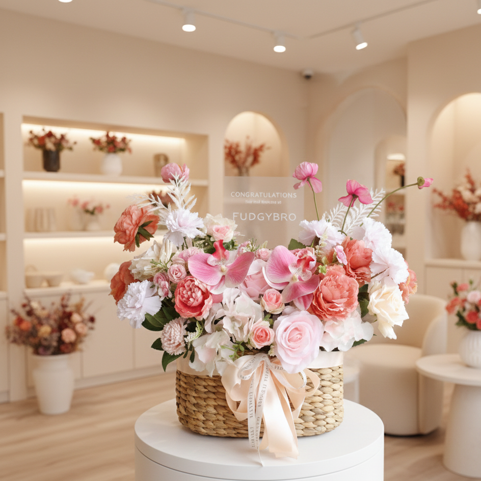 Bouquet of flowers in a basket on a white pedestal in a floral shop.