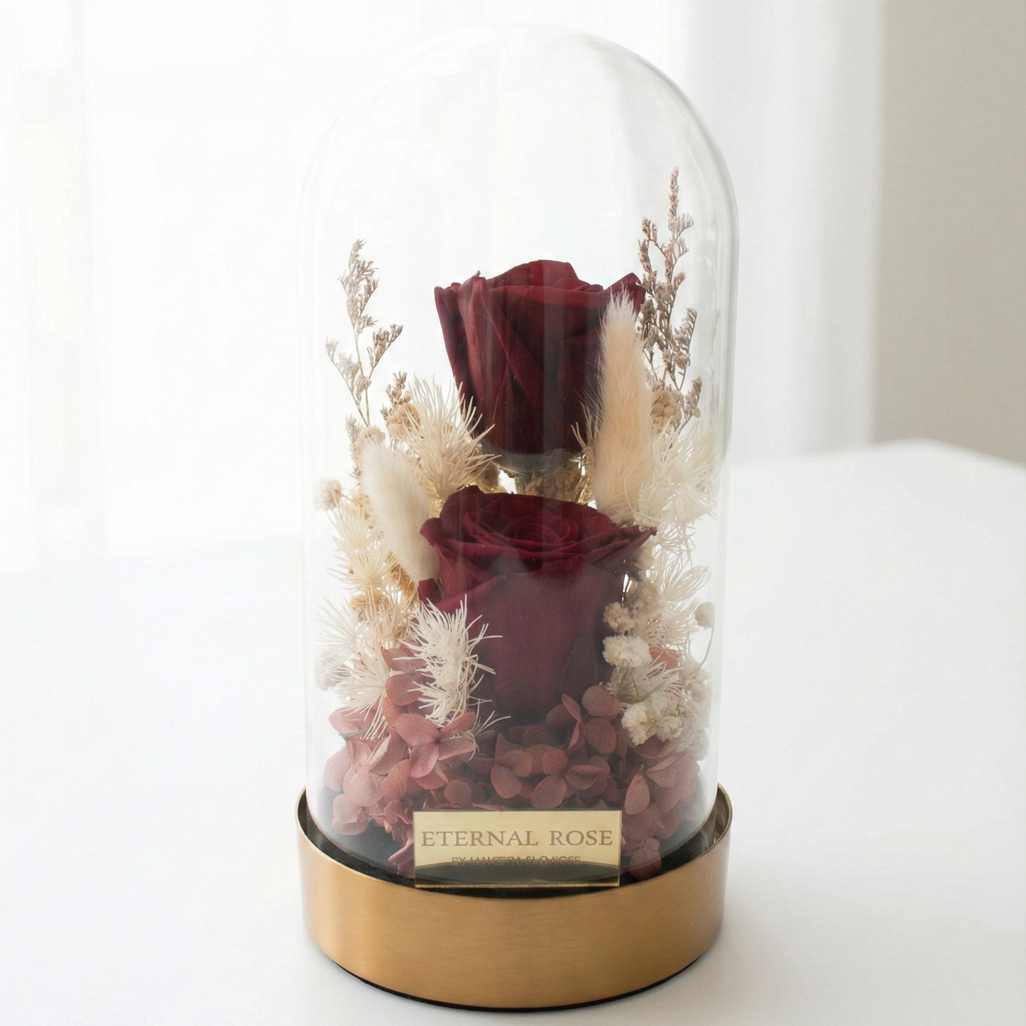 Duo Eternal Red Roses Dome with gold base