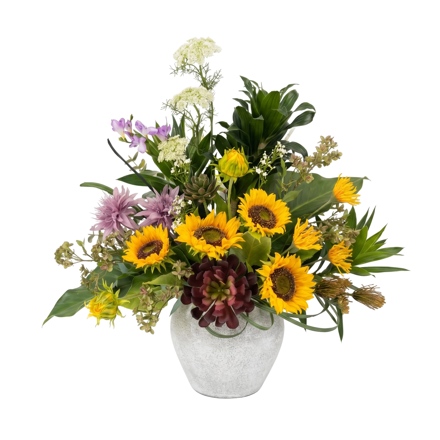 Bouquet of flowers with sunflowers and other varieties in a gray vase on a white background