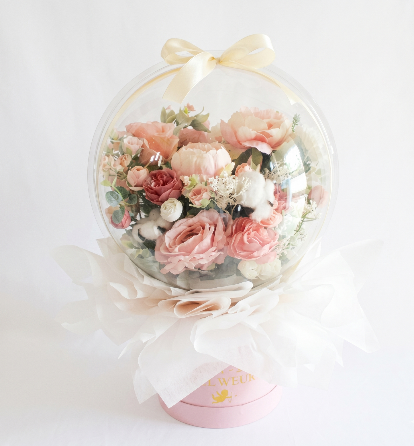 Blush Balloon Bloom — Buket Bunga Artificial dalam Balon Kaca
