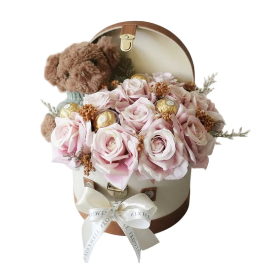 Cello - Rounded Box Artificial Roses with Teddy Bear