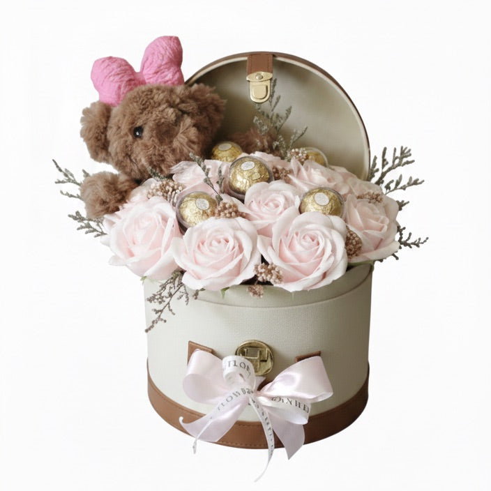 Bunnie - Rounded Box Soap Roses with Teddy Bear