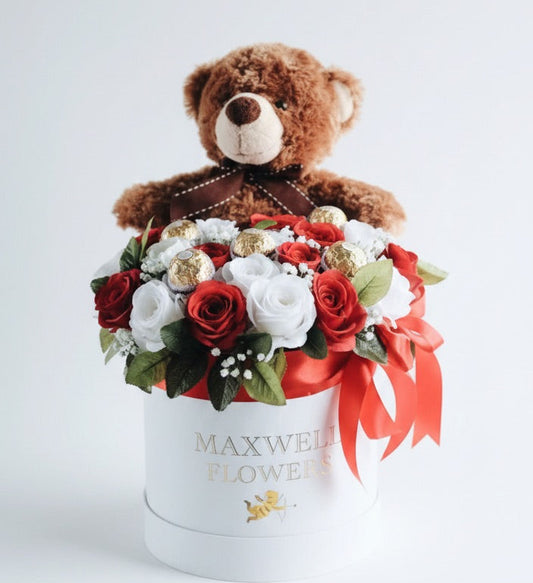 Trio Chocolate Teddy and Roses Round Box