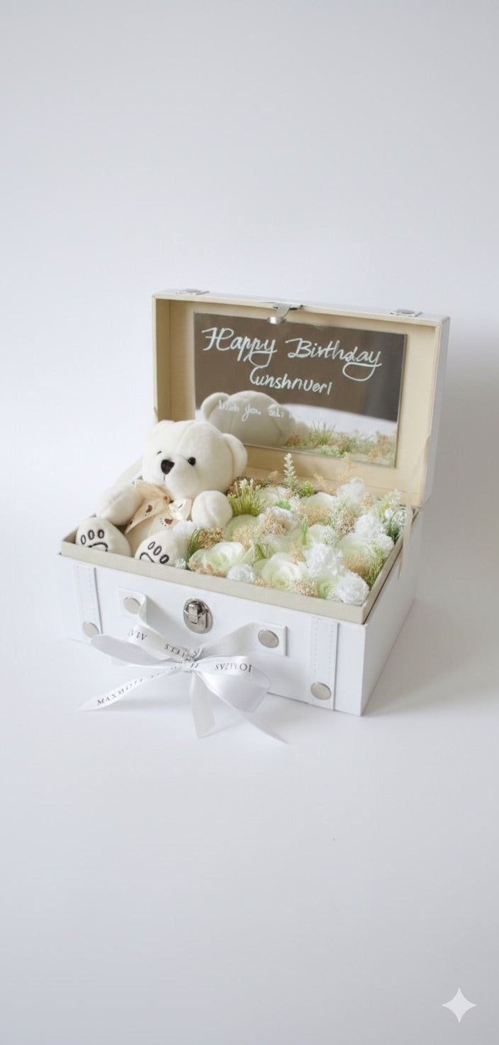 Small suitcase with a teddy bear and flowers labeled 'Happy Birthday' on a white background