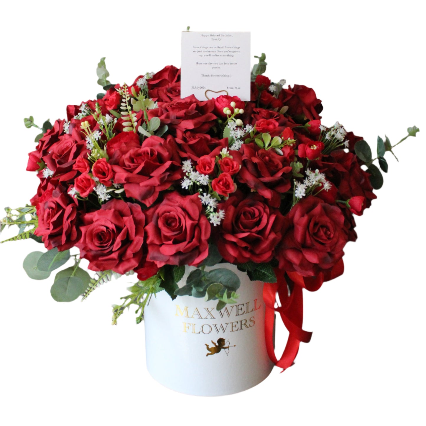 Red Artificial Jumbo Roses Round Box