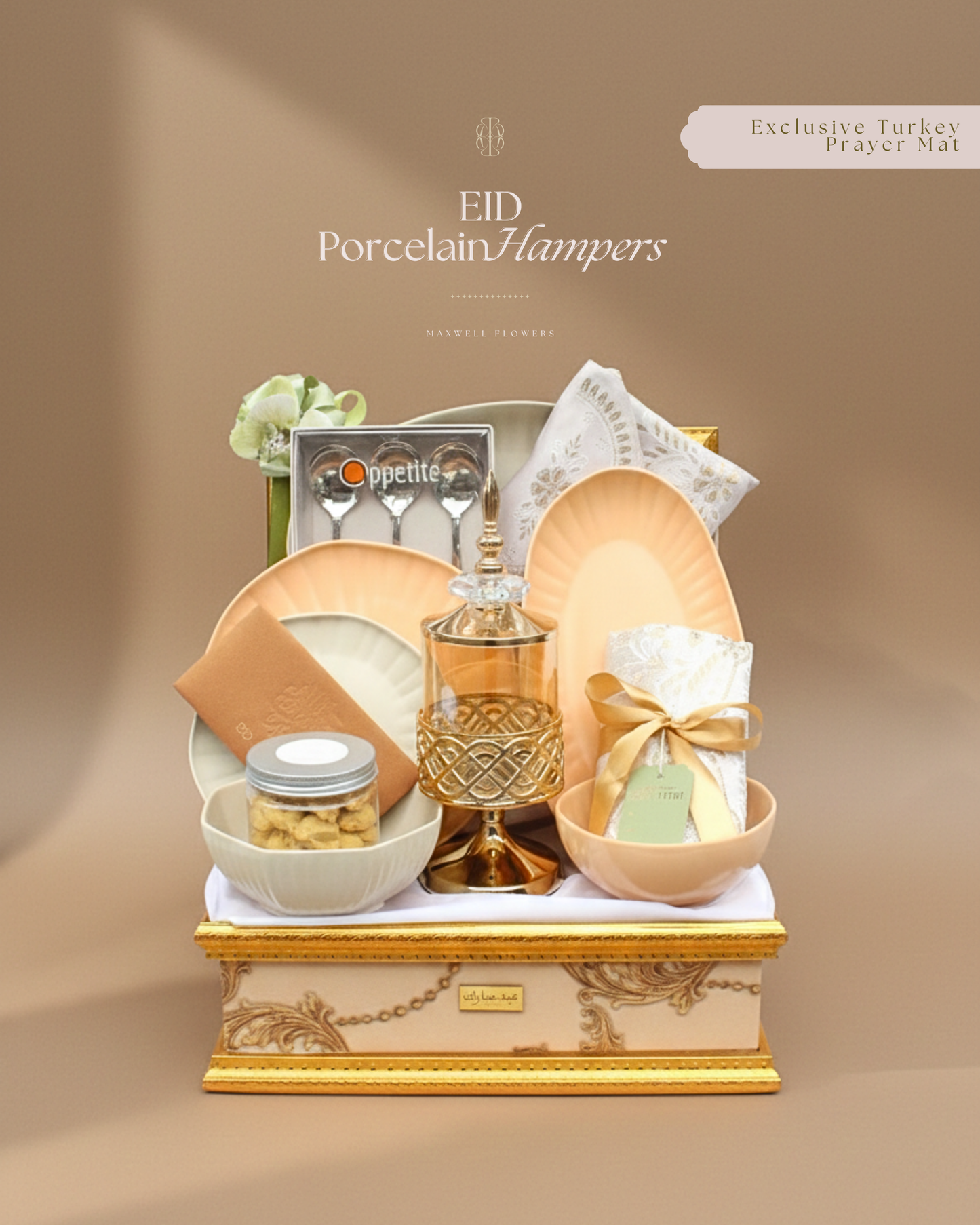 Porcelain Hampers - Coral Dinner Set with Luxury Turkey Prayer Mat