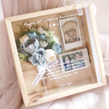 3D FRAME BOUQUET WOOD BOX - ARTIFICIAL BLUE BOUQUET- JATI BELANDA