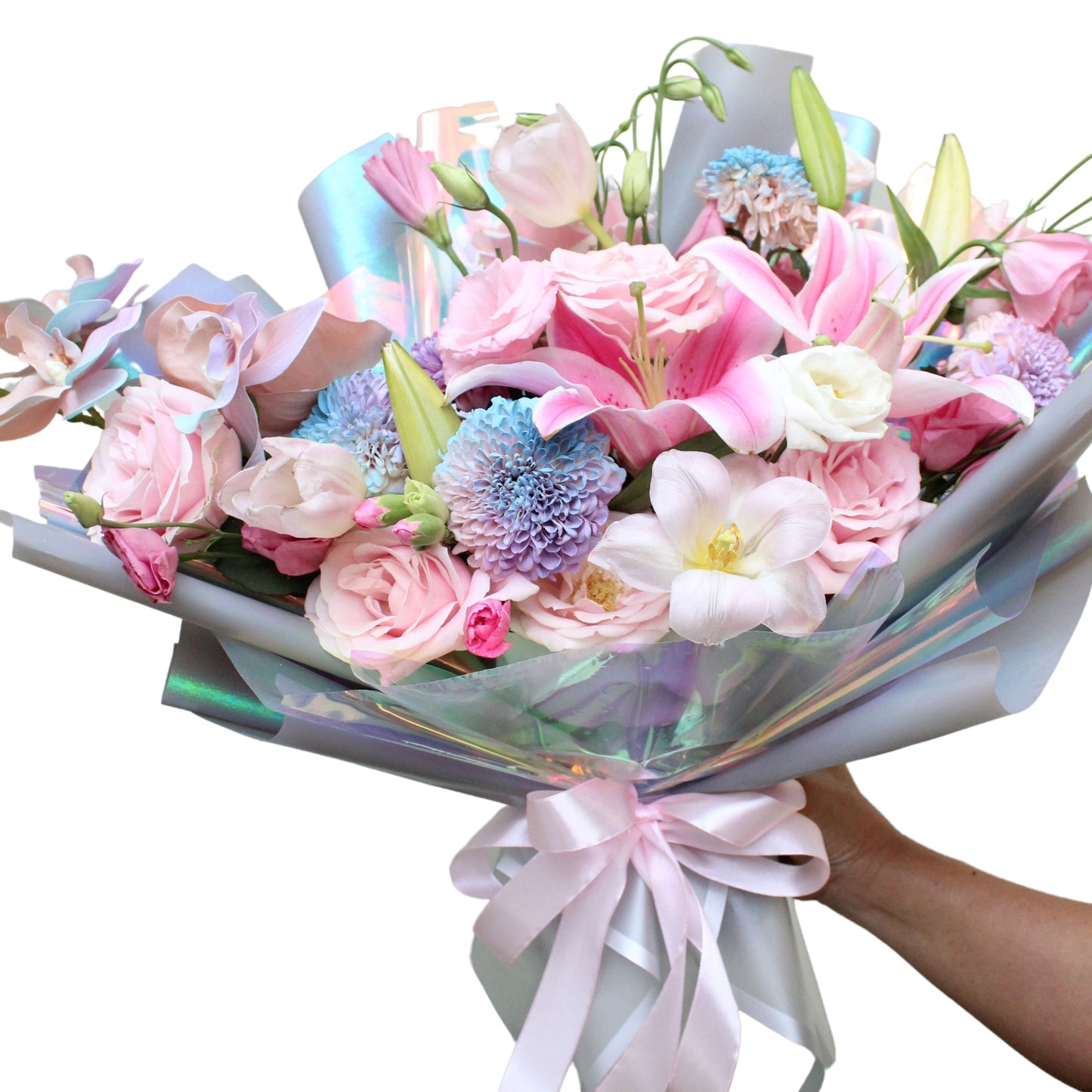 Rainbow lilly roses lisianthus - fresh flowers bouquet